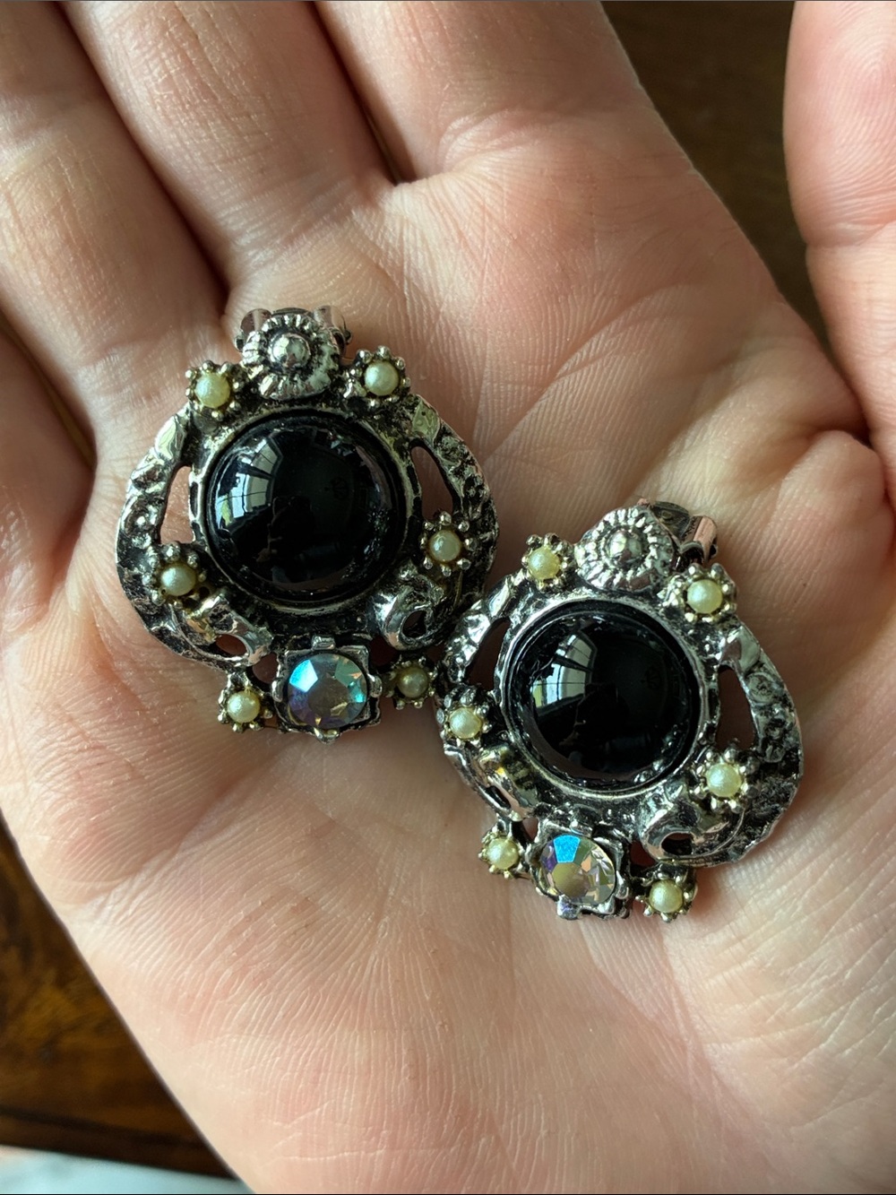 Faux Pearl, Silver and Black Clip-On Earrings